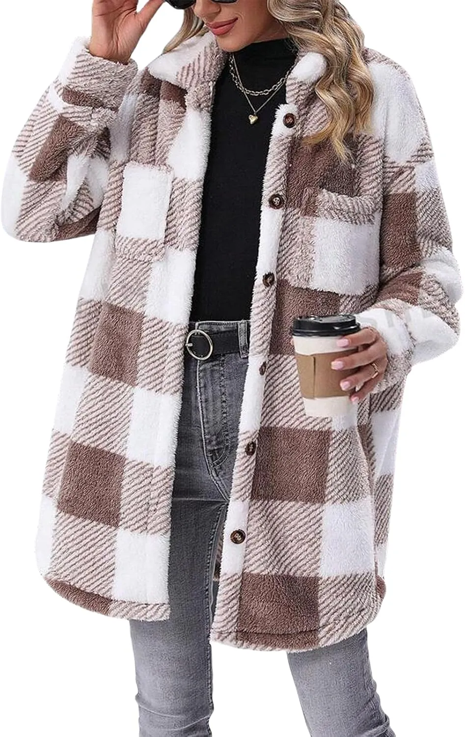 Womens Sherpa Jacket Lapel Button Flannel Jacket Shacket Soft Comfy Plaid Jacket Fleece Long Teddy Coat with Pockets