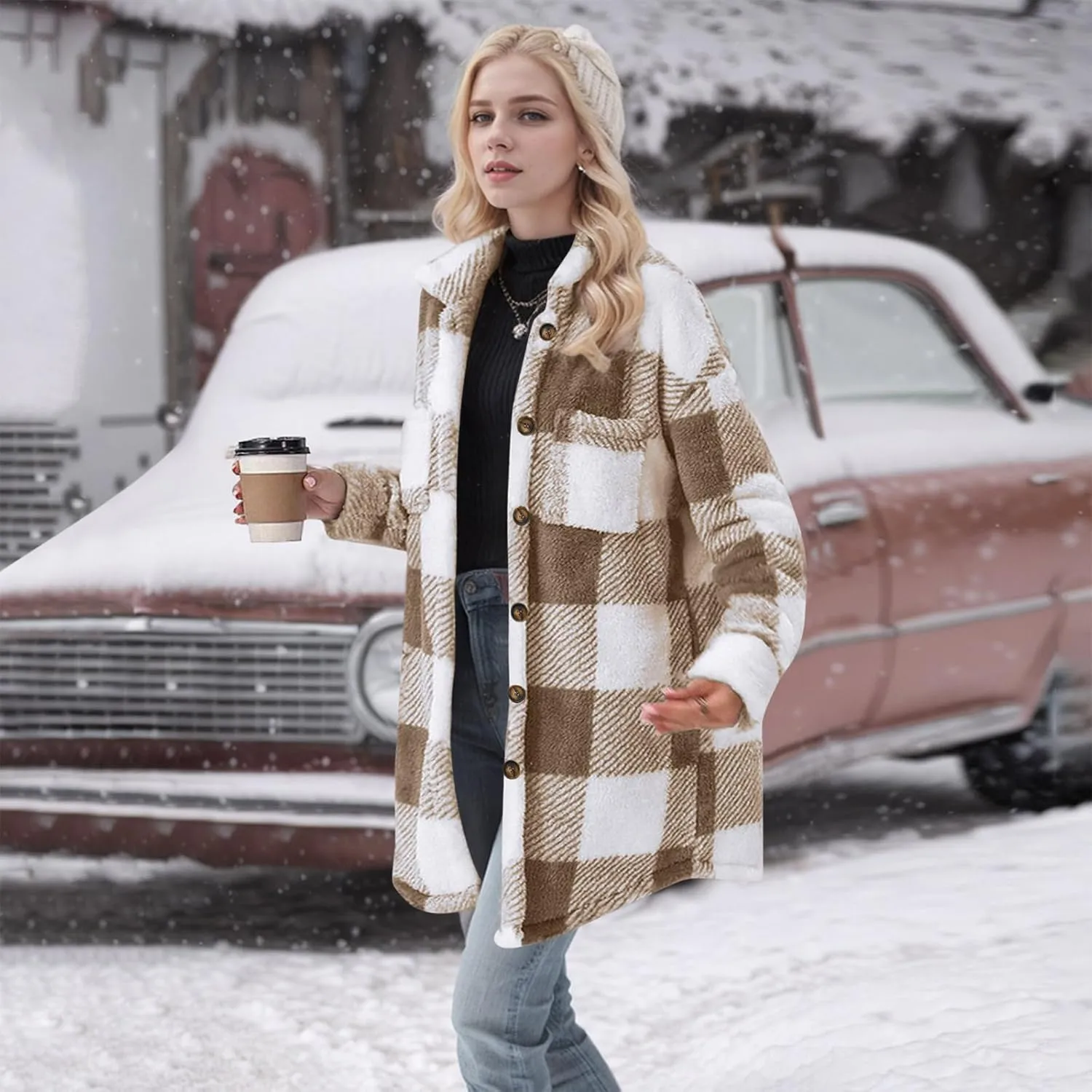 Womens Sherpa Jacket Lapel Button Flannel Jacket Shacket Soft Comfy Plaid Jacket Fleece Long Teddy Coat with Pockets
