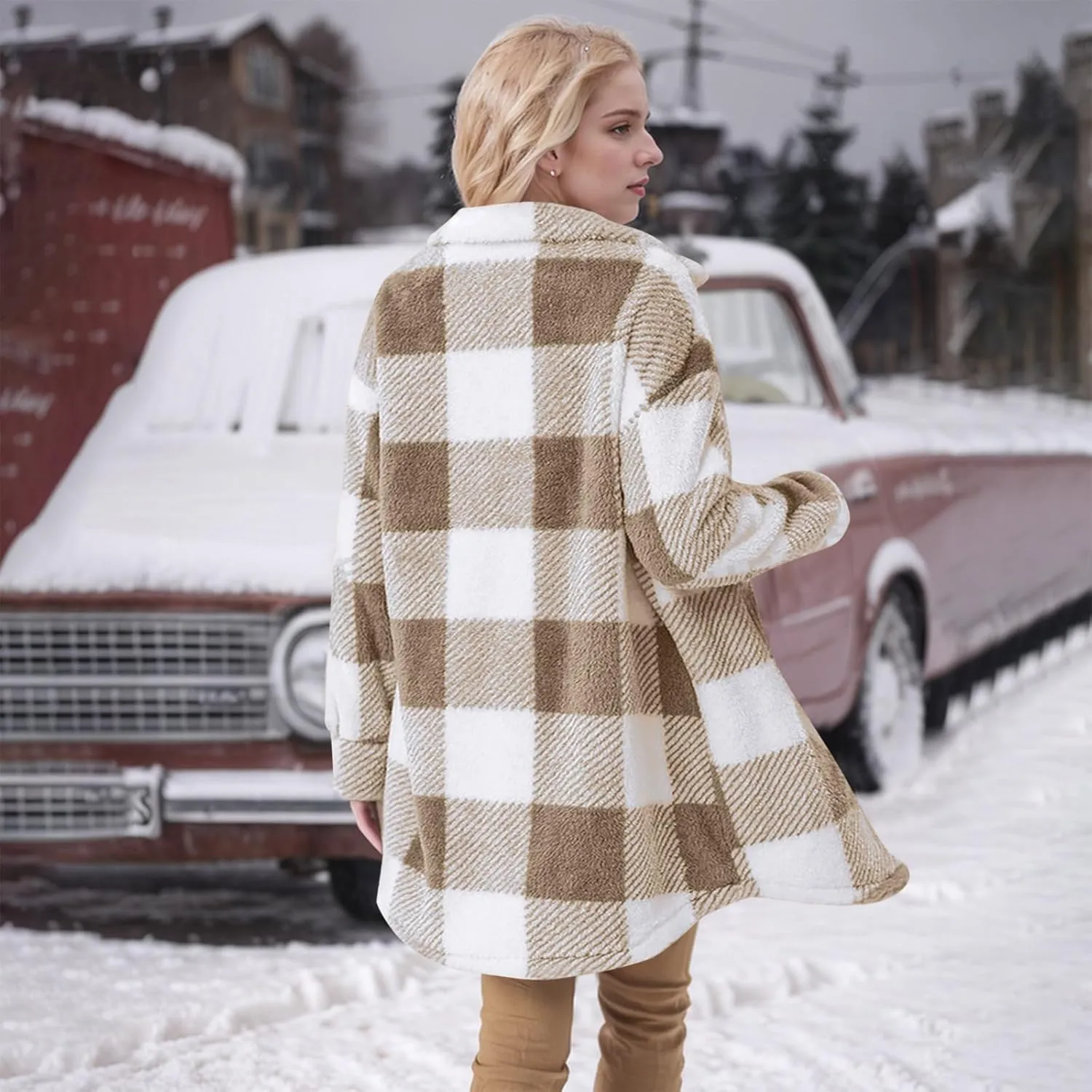 Womens Sherpa Jacket Lapel Button Flannel Jacket Shacket Soft Comfy Plaid Jacket Fleece Long Teddy Coat with Pockets