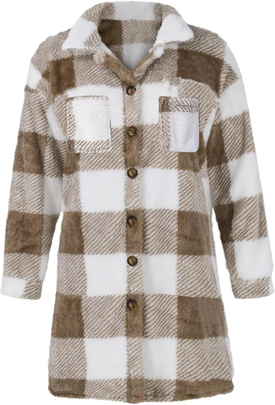 Womens Sherpa Jacket Lapel Button Flannel Jacket Shacket Soft Comfy Plaid Jacket Fleece Long Teddy Coat with Pockets
