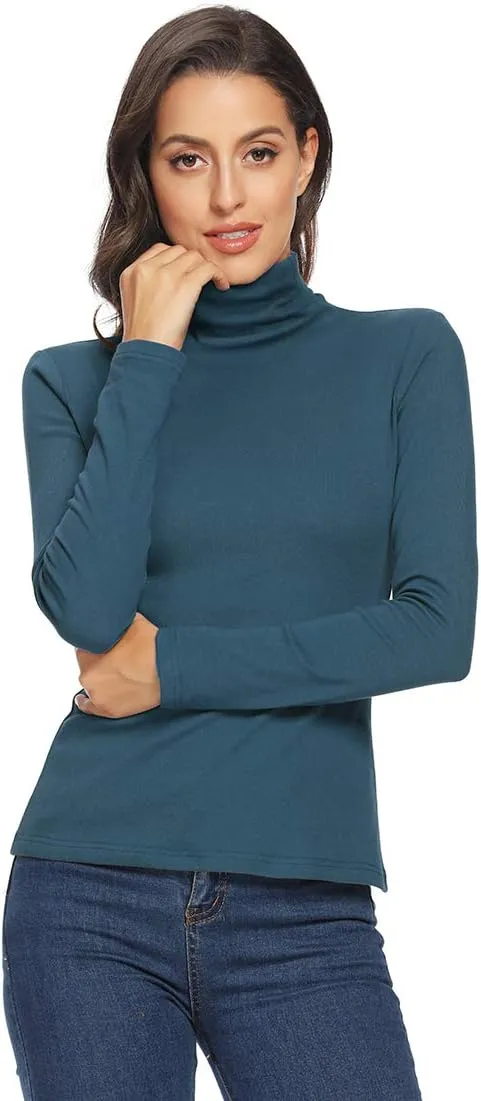 Women's Turtleneck Long Sleeve Thermal T-Shirts Stretchy Fitted Pullover Cotton Tops