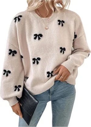 Women's Y2K Bow Print Sweater Crewneck Long Sleeve Drop Shoulder Knit Pullovers Sweaters