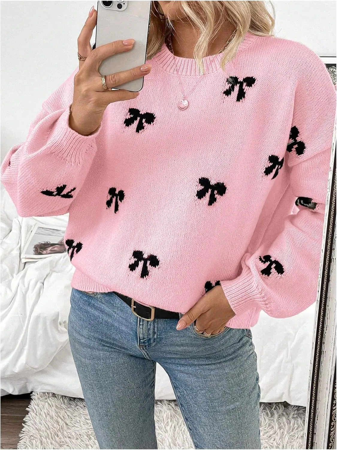 Women's Y2K Bow Print Sweater Crewneck Long Sleeve Drop Shoulder Knit Pullovers Sweaters