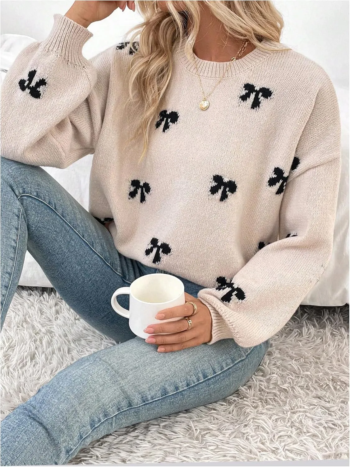 Women's Y2K Bow Print Sweater Crewneck Long Sleeve Drop Shoulder Knit Pullovers Sweaters