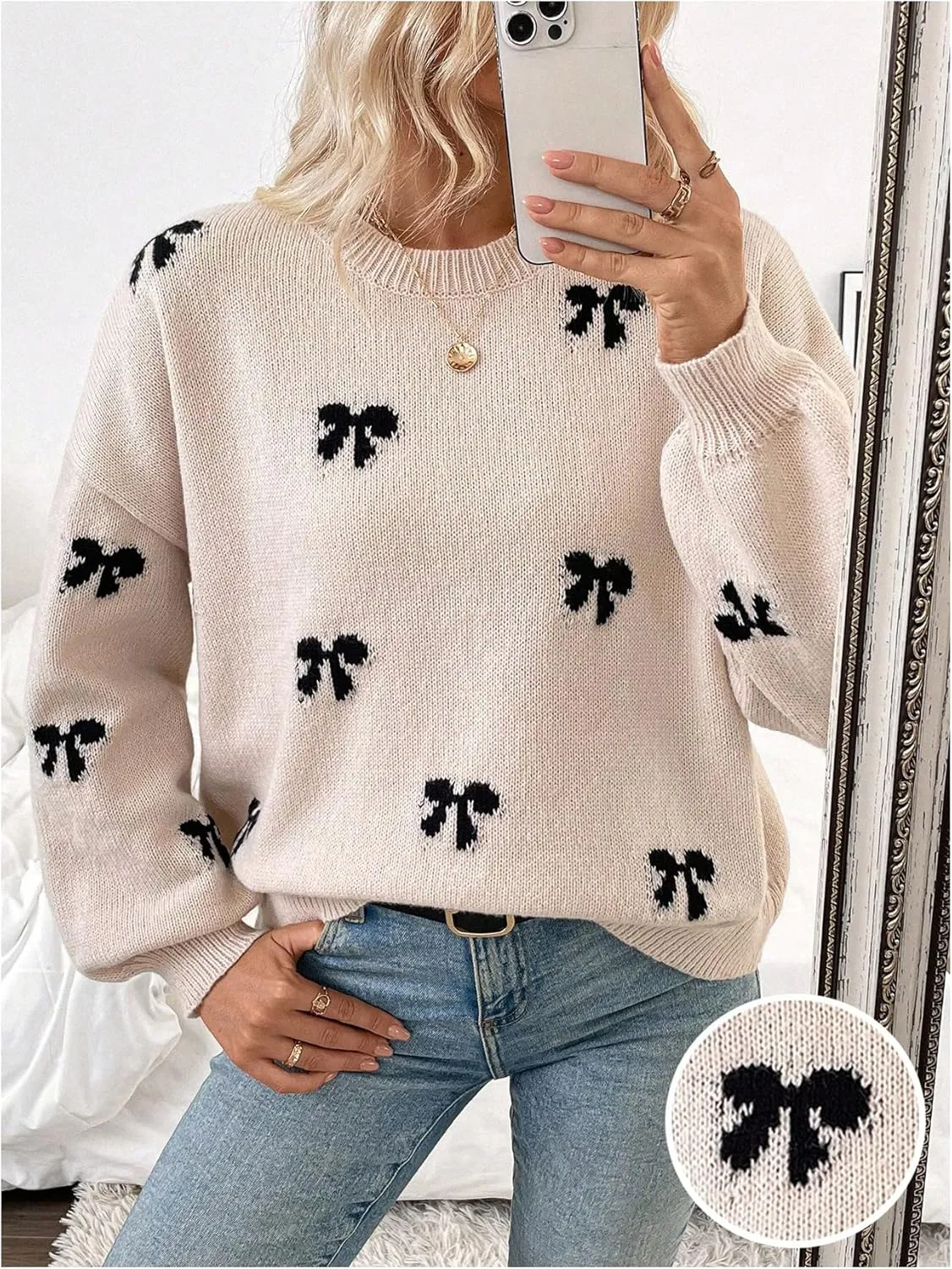 Women's Y2K Bow Print Sweater Crewneck Long Sleeve Drop Shoulder Knit Pullovers Sweaters