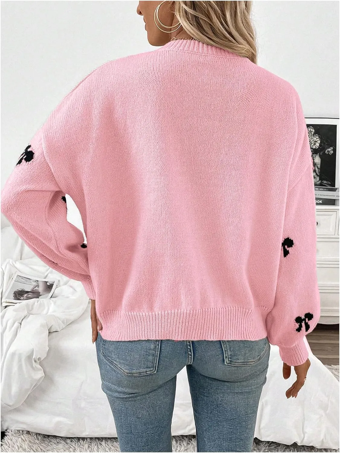 Women's Y2K Bow Print Sweater Crewneck Long Sleeve Drop Shoulder Knit Pullovers Sweaters