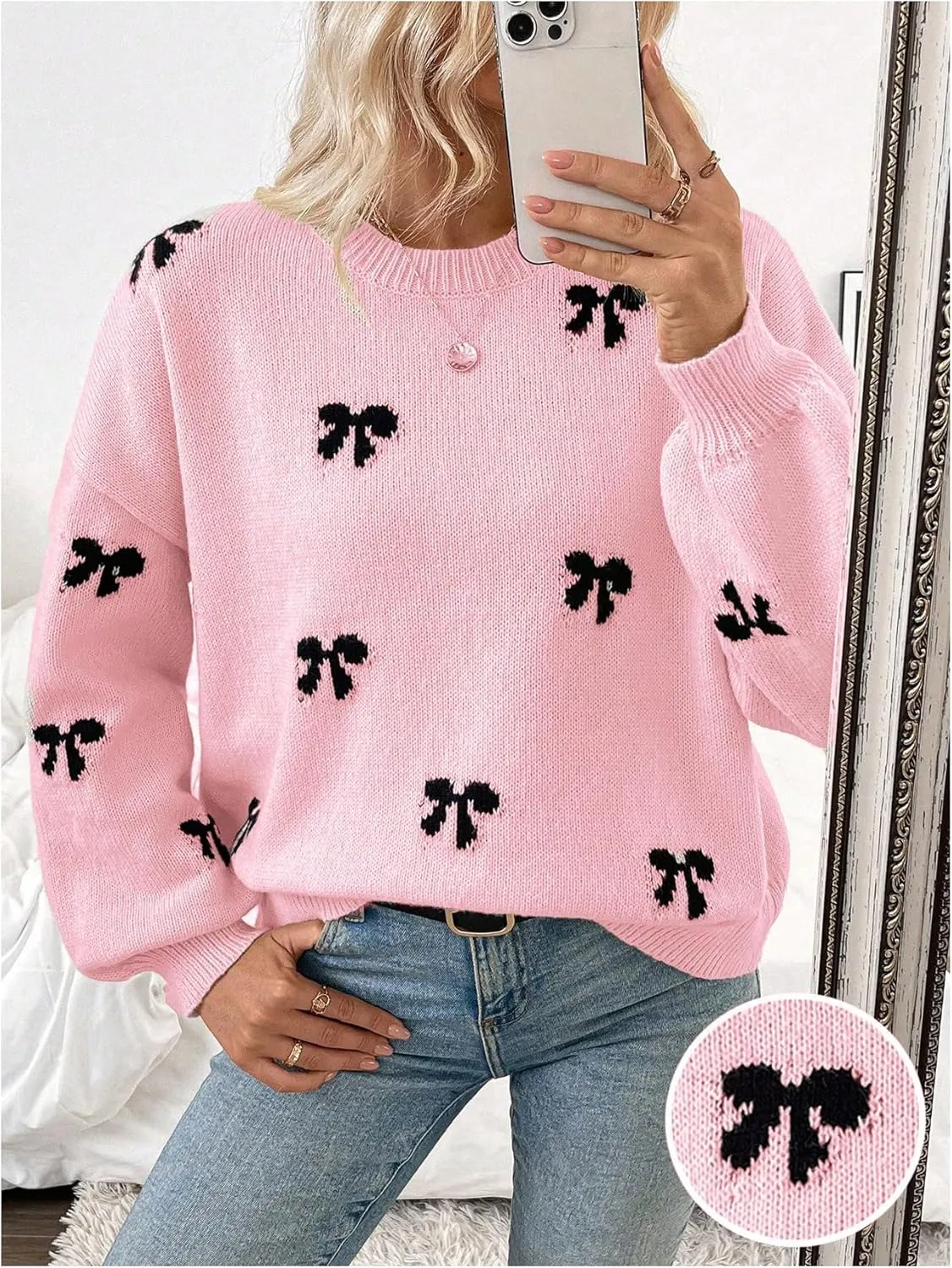 Women's Y2K Bow Print Sweater Crewneck Long Sleeve Drop Shoulder Knit Pullovers Sweaters