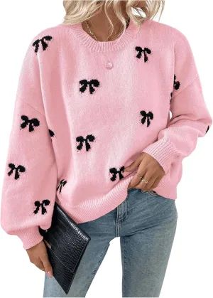 Women's Y2K Bow Print Sweater Crewneck Long Sleeve Drop Shoulder Knit Pullovers Sweaters