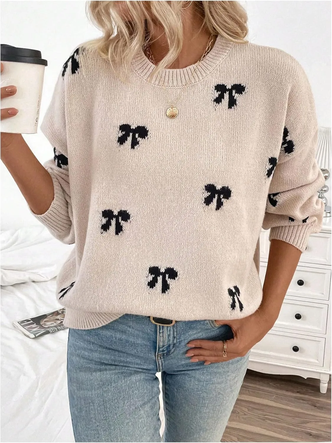 Women's Y2K Bow Print Sweater Crewneck Long Sleeve Drop Shoulder Knit Pullovers Sweaters