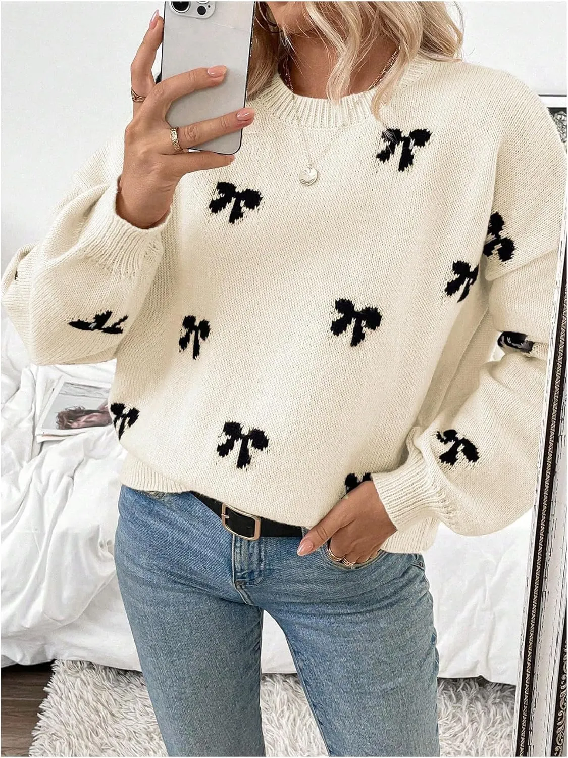 Women's Y2K Bow Print Sweater Crewneck Long Sleeve Drop Shoulder Knit Pullovers Sweaters