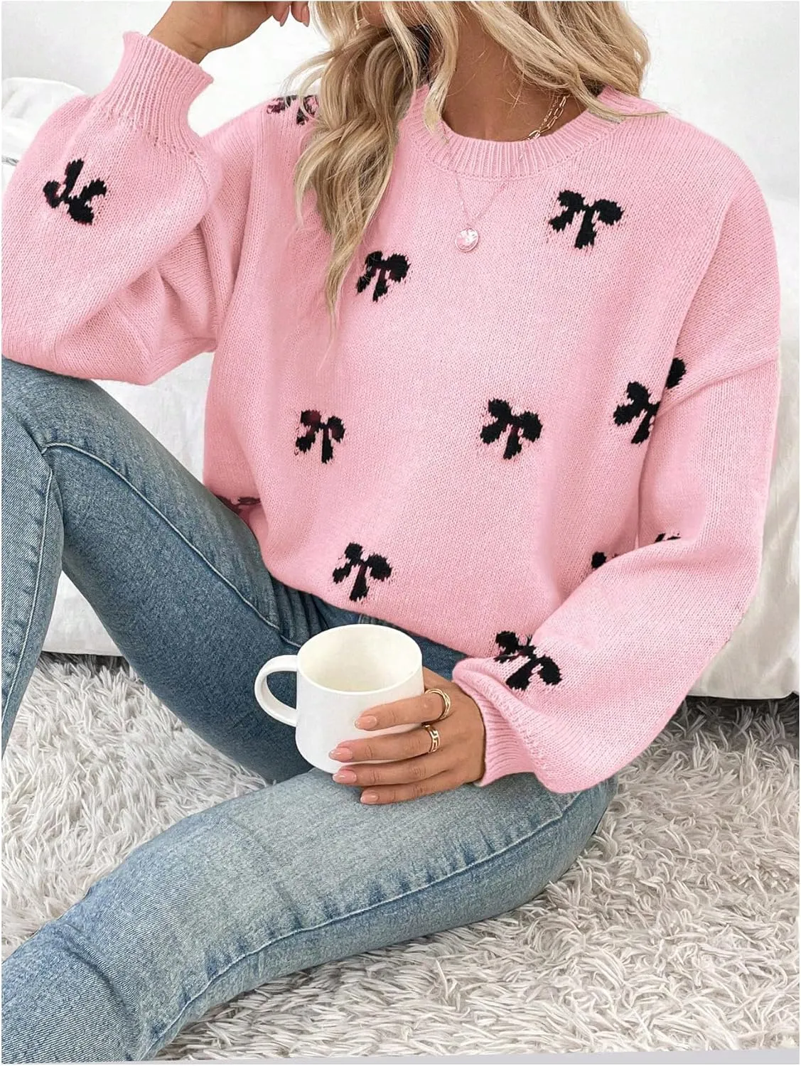 Women's Y2K Bow Print Sweater Crewneck Long Sleeve Drop Shoulder Knit Pullovers Sweaters