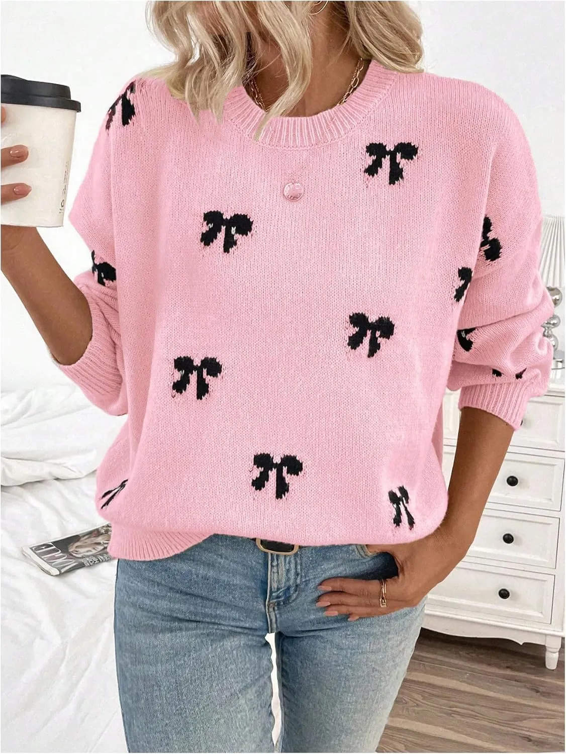 Women's Y2K Bow Print Sweater Crewneck Long Sleeve Drop Shoulder Knit Pullovers Sweaters