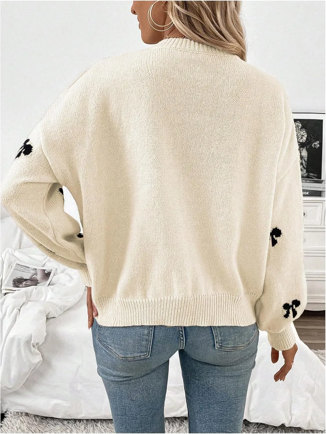 Women's Y2K Bow Print Sweater Crewneck Long Sleeve Drop Shoulder Knit Pullovers Sweaters