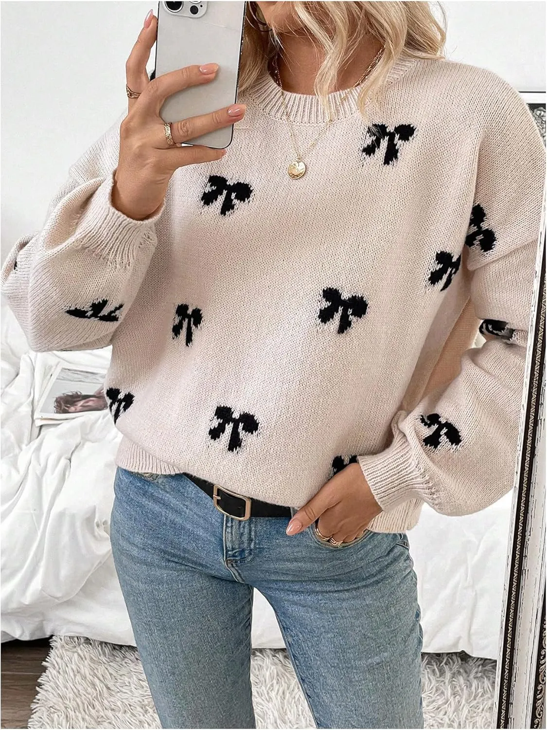 Women's Y2K Bow Print Sweater Crewneck Long Sleeve Drop Shoulder Knit Pullovers Sweaters