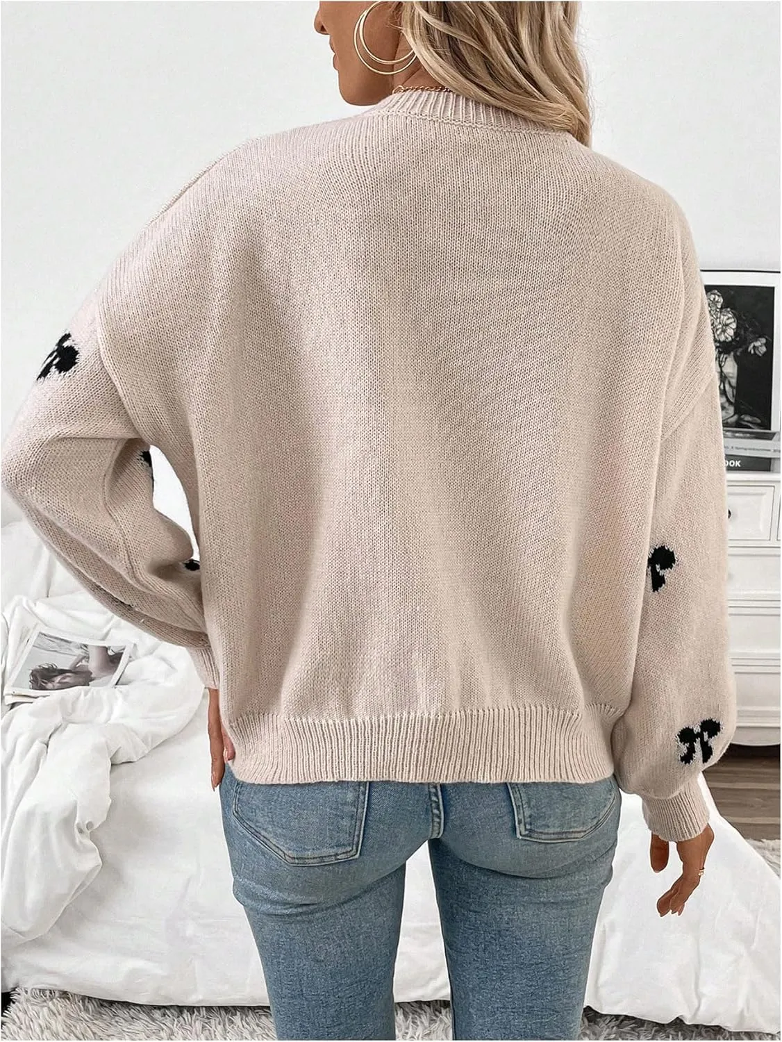 Women's Y2K Bow Print Sweater Crewneck Long Sleeve Drop Shoulder Knit Pullovers Sweaters