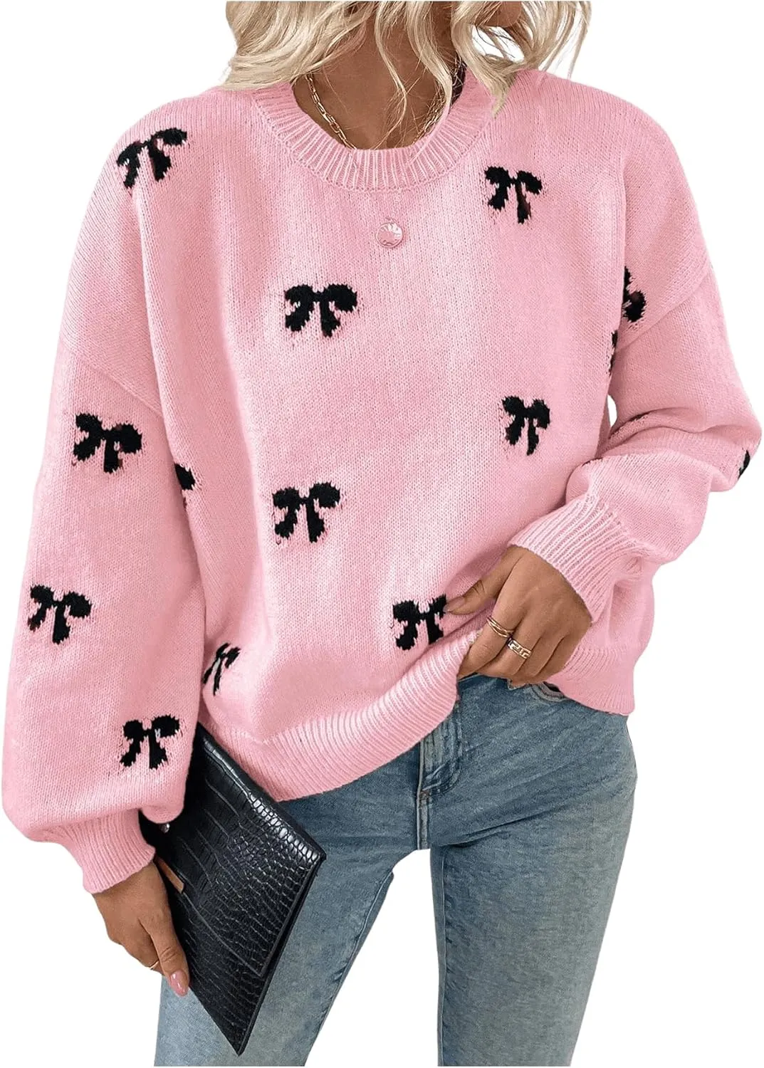 Women's Y2K Bow Print Sweater Crewneck Long Sleeve Drop Shoulder Knit Pullovers Sweaters